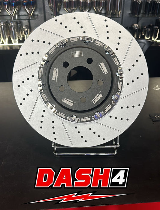 Dash4 K1200 F22 Force Brake Kit Front and Rear F22 Carbon Fiber Brake Pads with Drilled & Slotted Brake Rotors Kit For Dodge Challenger 2015-2020, Dodge Charger 2015-2020 [Model Specific]